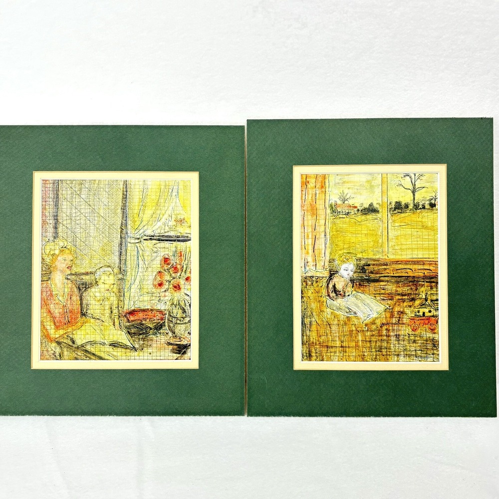 Callie Herzog 1964 Wax Pencil Drawings Crosshatching Pair Green Matting 9x11